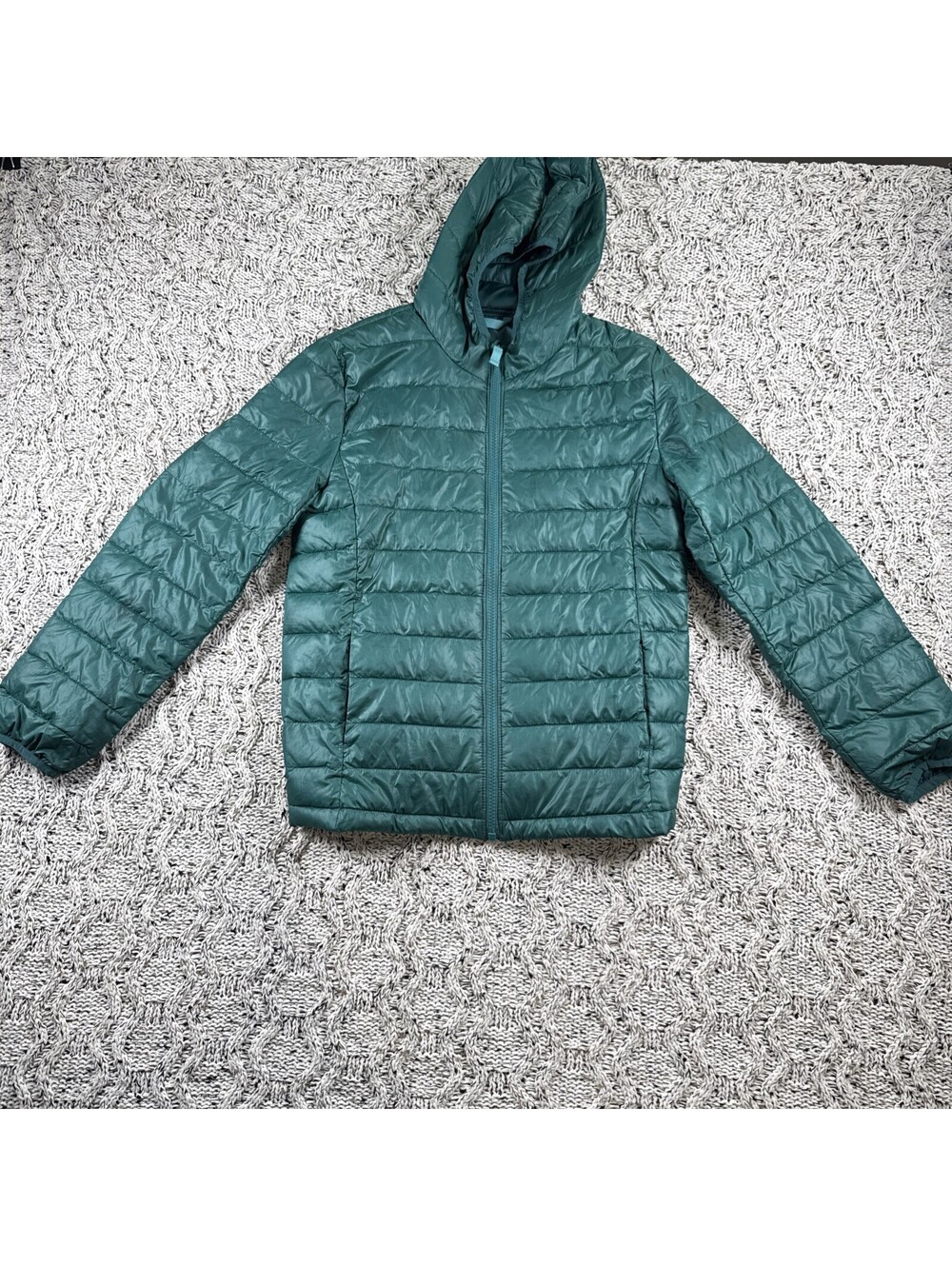 Primary Kids Puffer Jacket Size 12 Green Hooded Lightweight Insulated Coat Youth